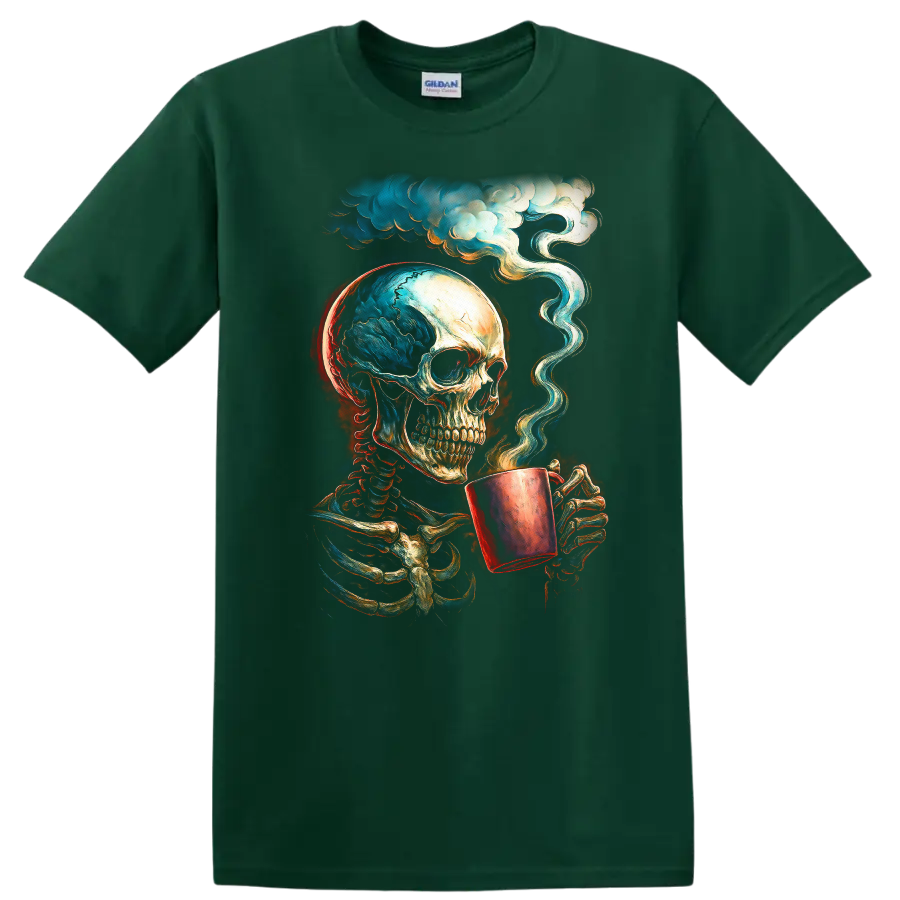 Vintage gothic skeleton skull holding a steaming cup beneath swirling clouds on a Forest Green T Shirt