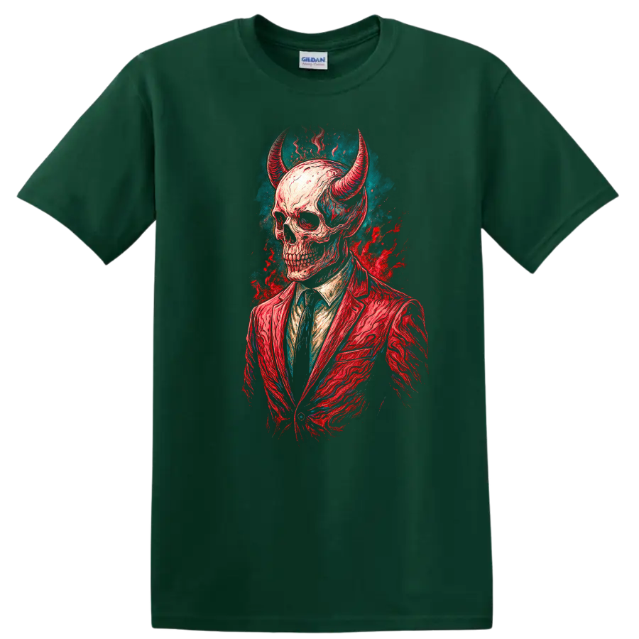 Horned skull in red suit, vintage gothic illustration with teal and red splashes on a Forest Green T Shirt