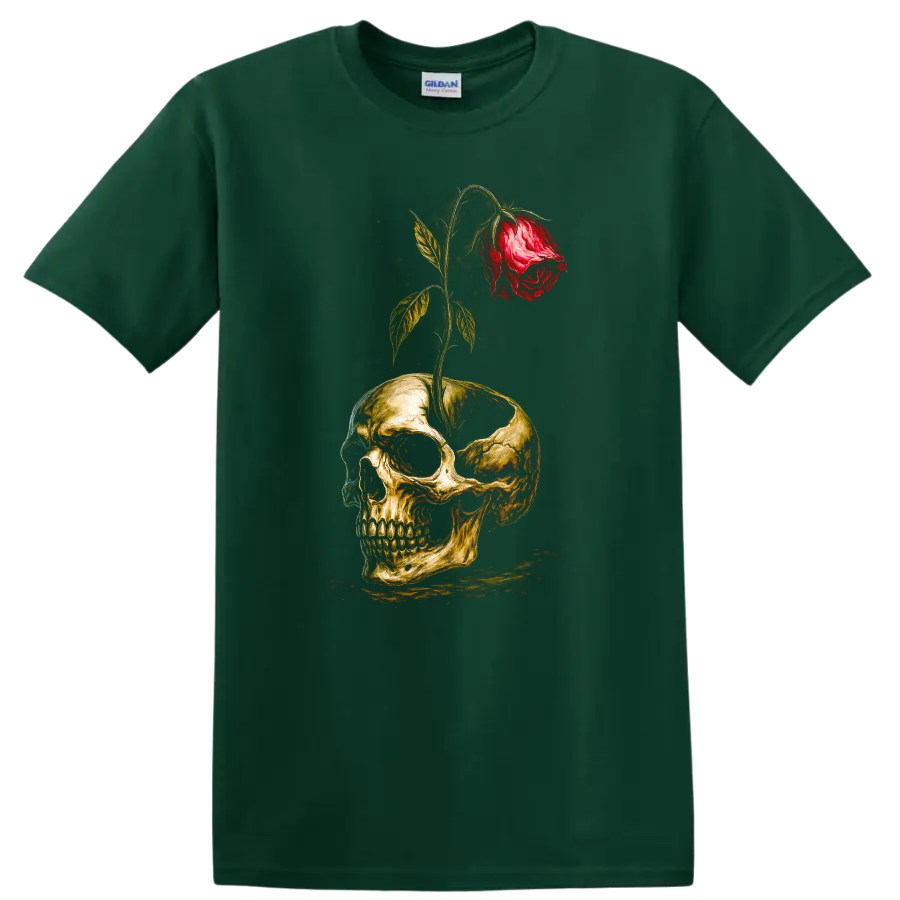 Vintage gothic skull graphic with a red rose growing through the top on a Forest Green T Shirt