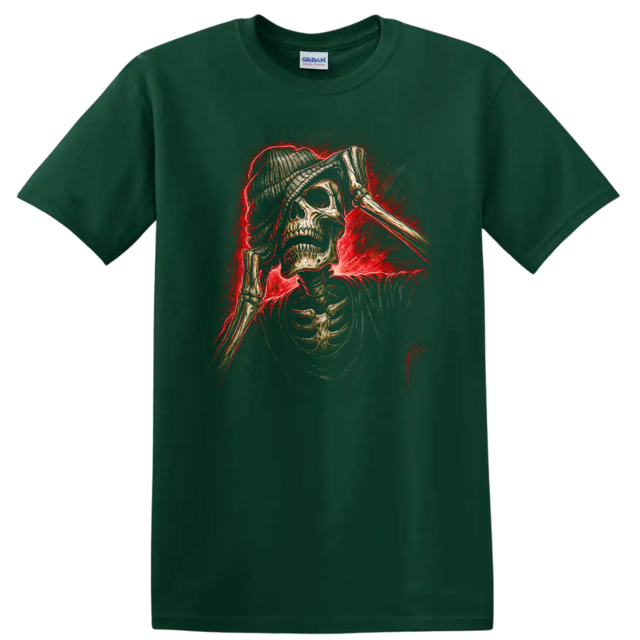 Vintage gothic skeleton skull in beanie with bony hands and red smoky glow on a Forest Green T Shirt