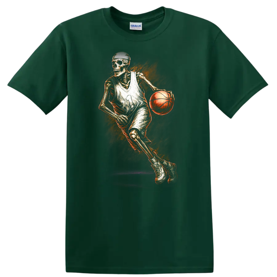 Vintage gothic skeleton basketball player dribbling with fiery orange artwork on a Forest Green T Shirt