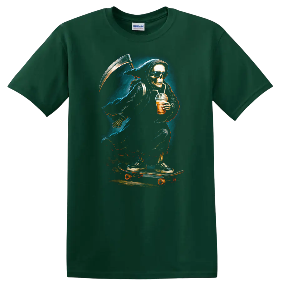 Vintage gothic Grim Reaper skeleton in sunglasses skating with a scythe and iced drink on a Forest Green T Shirt