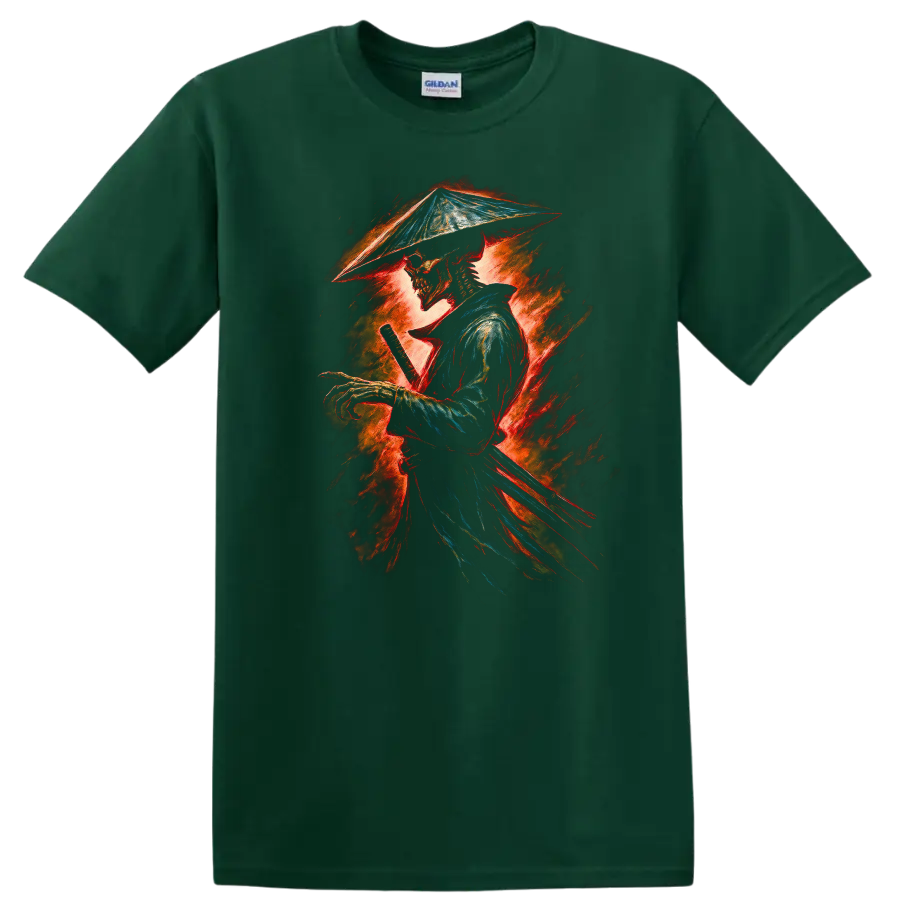 Fiery vintage-style skeleton samurai swordsman graphic in a conical hat on a Forest Green T Shirt