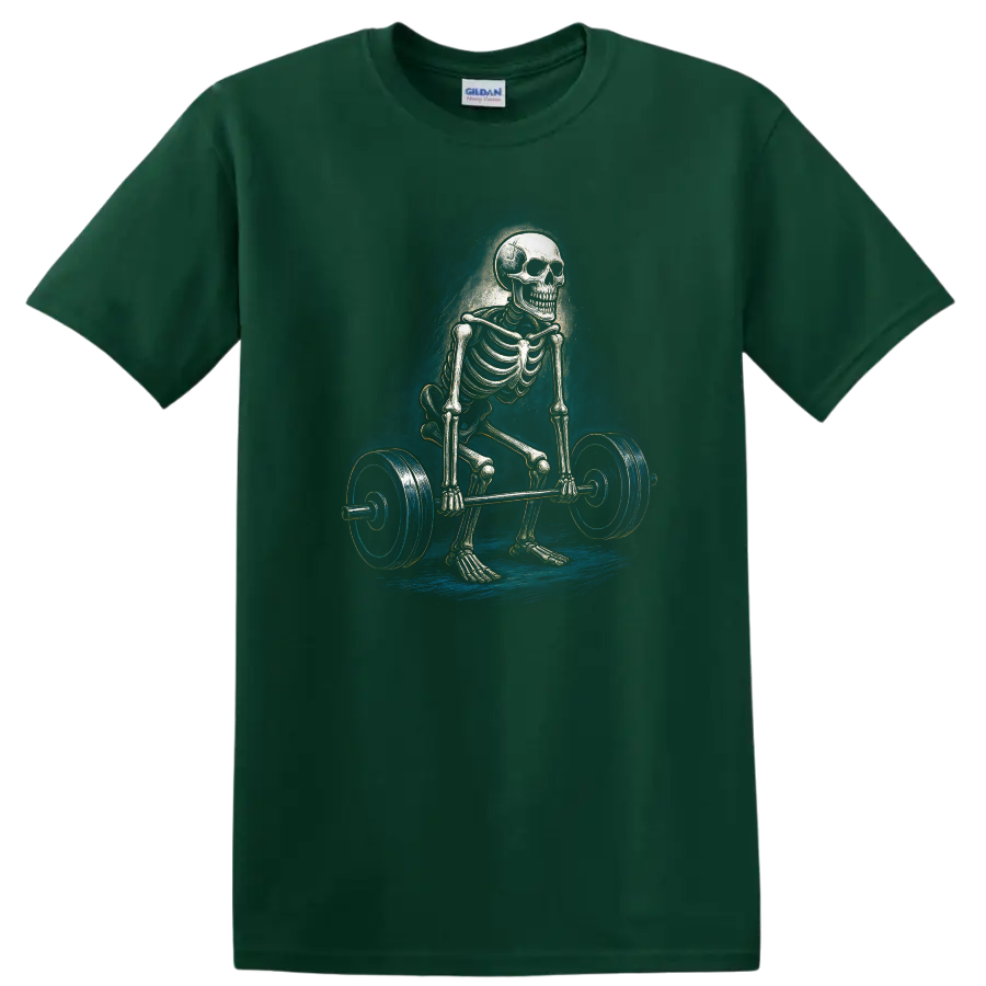 Vintage gothic skeleton performing a barbell deadlift graphic on a Forest Green T Shirt