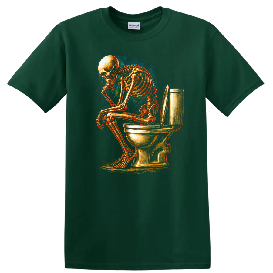Vintage gothic skeleton sitting on a toilet in detailed dark humor artwork on a Forest Green T Shirt