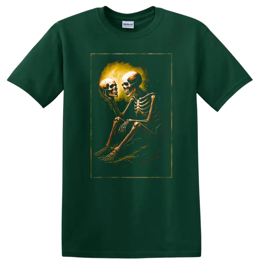 Vintage gothic skeleton holding a skull in a moody dark art illustration on a Forest Green T Shirt
