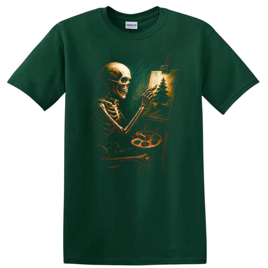 Vintage gothic skeleton artist painting an evergreen forest on an easel on a Forest Green T Shirt