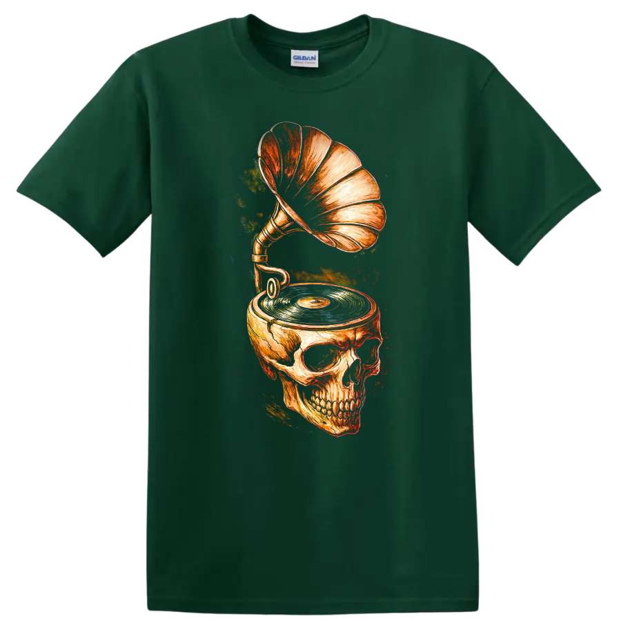 Vintage skull gramophone and turntable graphic with vinyl record on a Forest Green T Shirt