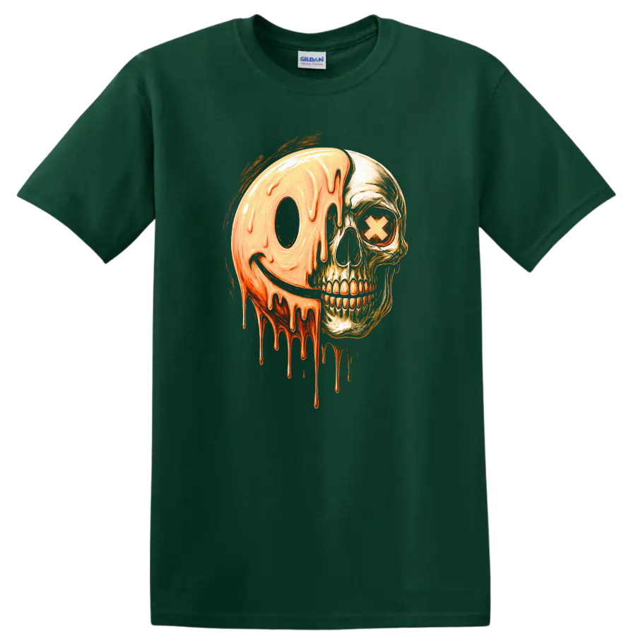 Vintage gothic skull with a melting orange smiley face and X eye graphic on a Forest Green T Shirt