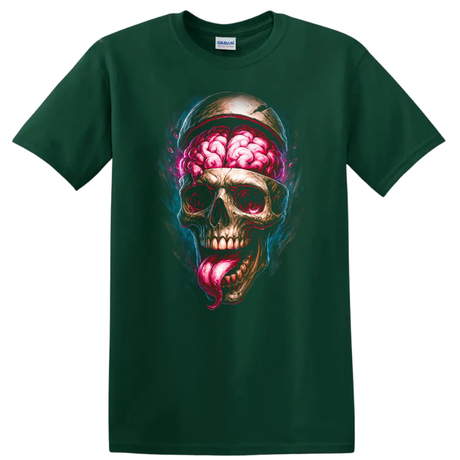 Exposed brain skull with pink tongue in vivid gothic horror illustration on a Forest Green T Shirt