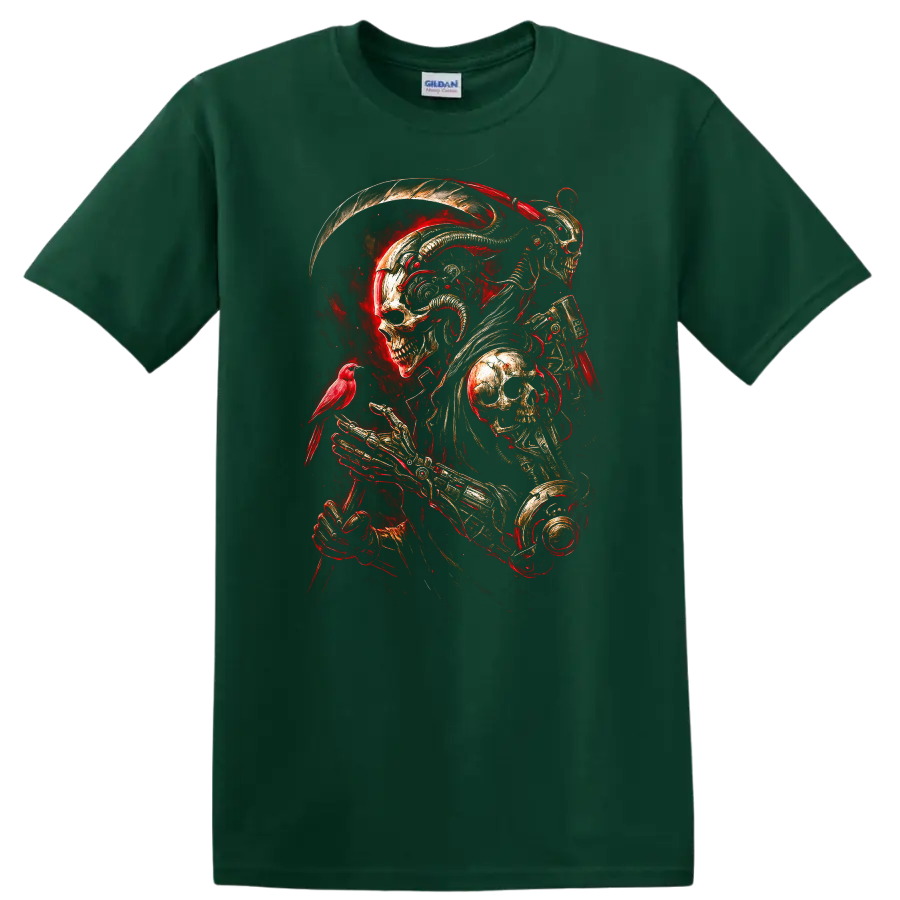 Mechanical skeleton reaper with skull armor, red bird, and fiery gothic art on a Forest Green T Shirt