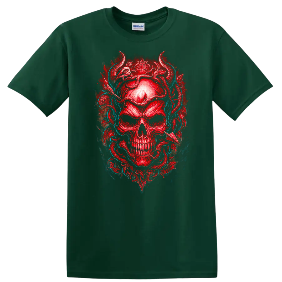 Red horned skull with crystal, gothic floral ornament, and teal vines on a Forest Green T Shirt