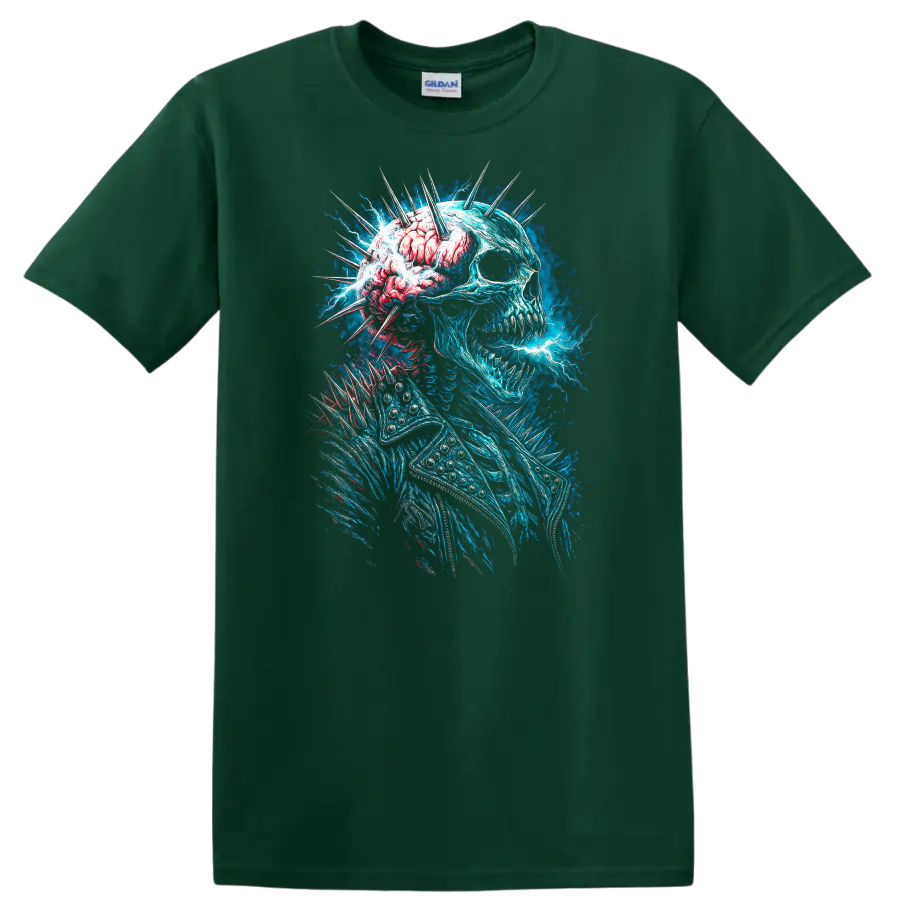 Electric blue skull with exposed brain, spikes, and gothic horror energy art on a Forest Green T Shirt