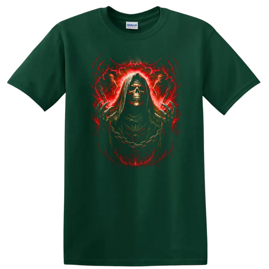 Hooded skull Grim Reaper in fiery red gothic horror artwork on a Forest Green T Shirt