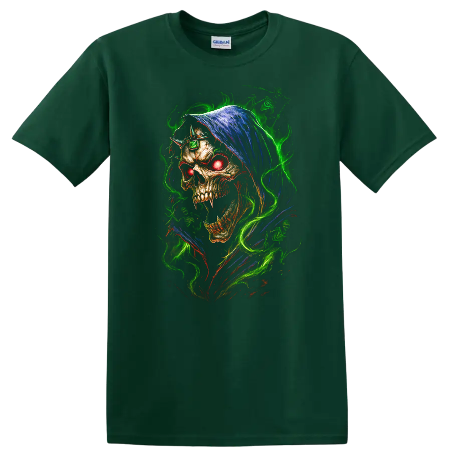 Hooded skull with glowing red eye and neon green flames in gothic horror art on a Forest Green T Shirt