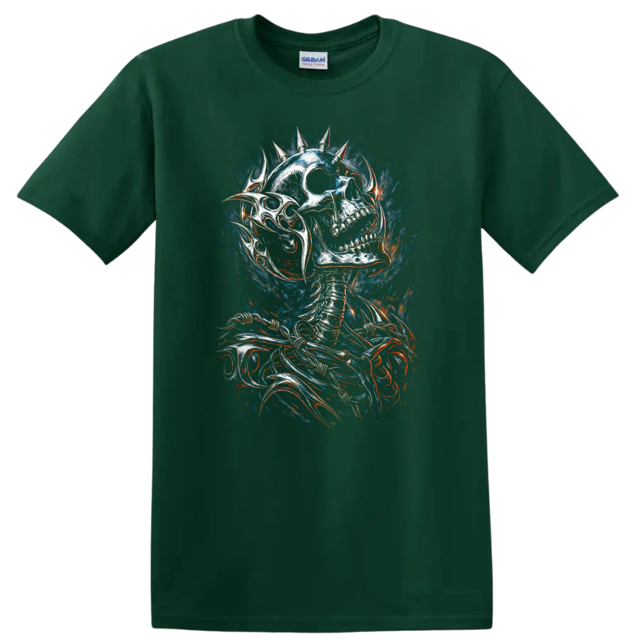 Spiked skeleton skull in distressed gothic horror art with smoky fiery accents on a Forest Green T Shirt