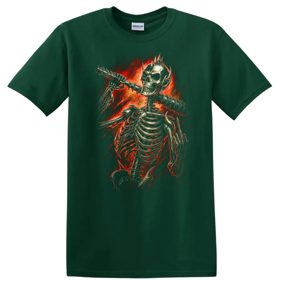 Vintage gothic skeleton playing flute amid fiery red flames on a Forest Green T Shirt
