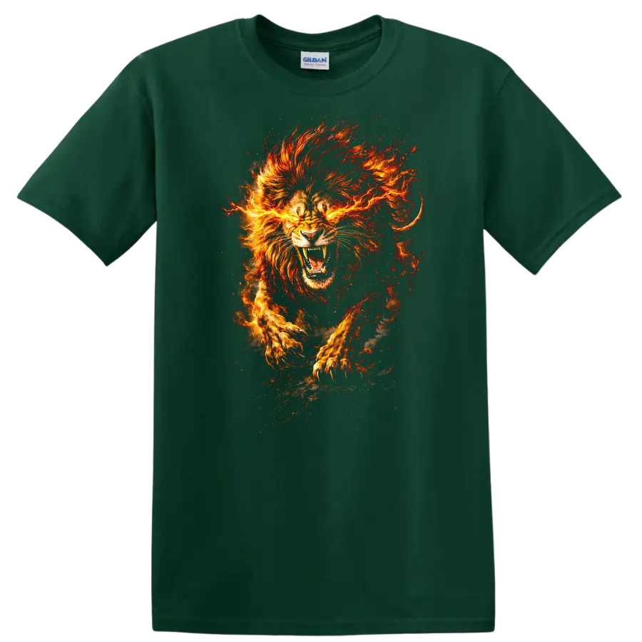 Fiery Lion Head Art T Shirt Roaring Flame Animal Graphic - Forest Green