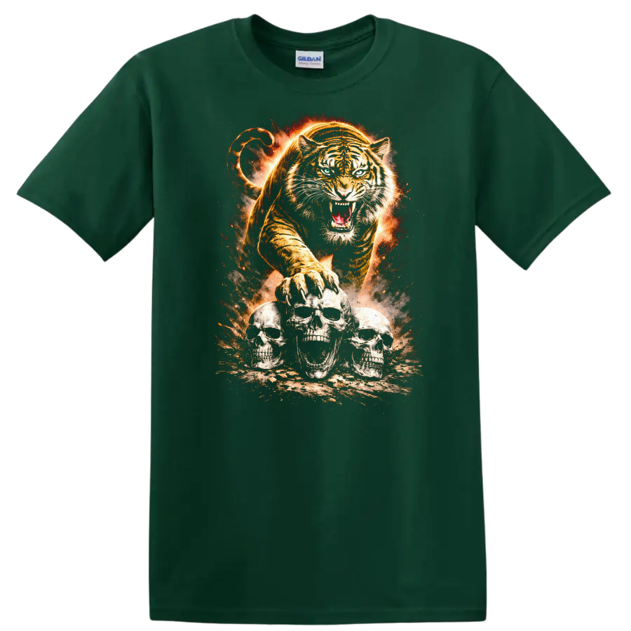 Roaring Tiger and Skull Trio Fierce Animal Graphic T Shirt - Forest Green