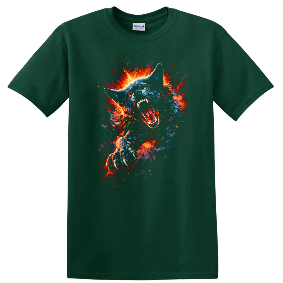 Exploding Blue Wolf Fireburst Graphic T Shirt for Animal Lovers - Forest Green
