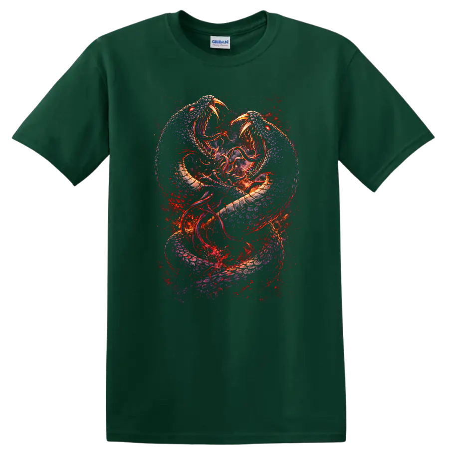 Twin Serpent Dragon Clash Fantasy Art T Shirt for Animal Lovers - Forest Green