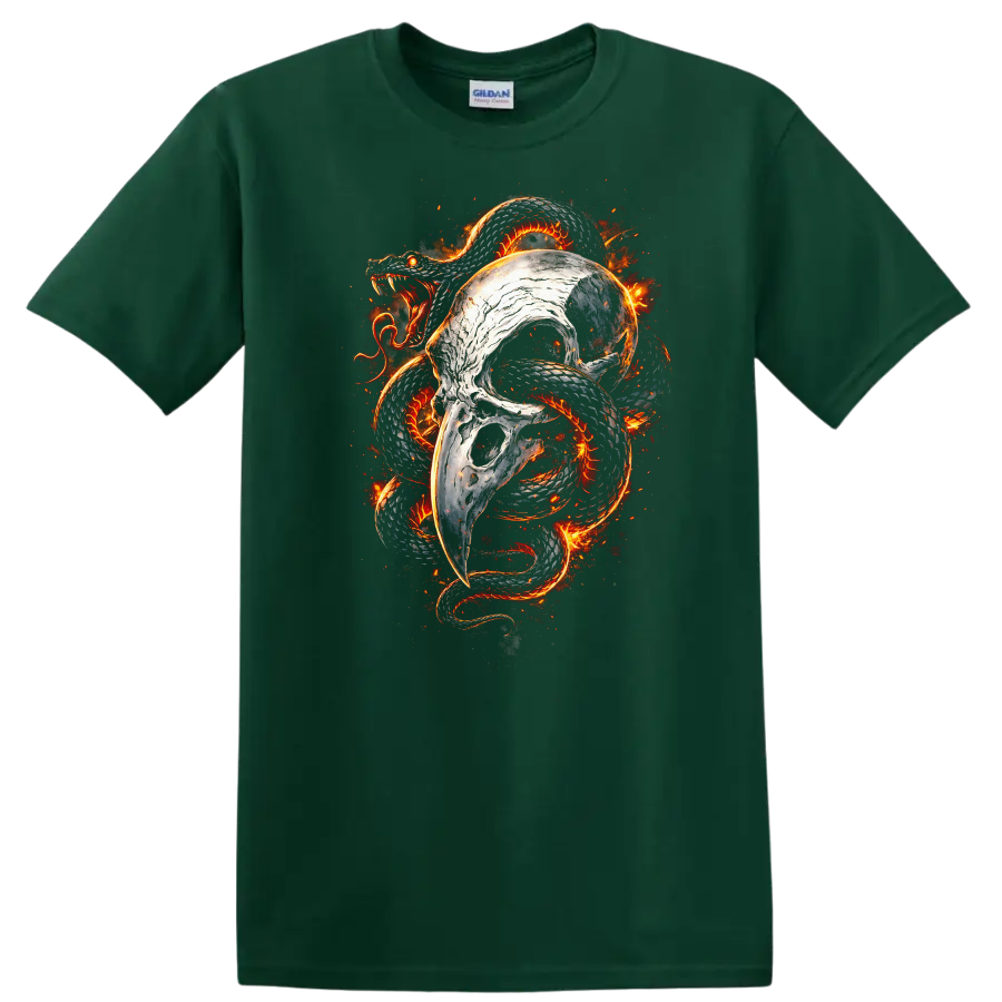 Fiery Dragon Serpent Skull T Shirt Bold Animal Art Tee - Forest Green