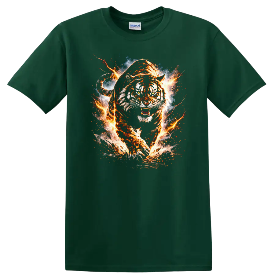 Fiery Tiger Attack Graphic T Shirt Bold Animal Wild Style - Forest Green