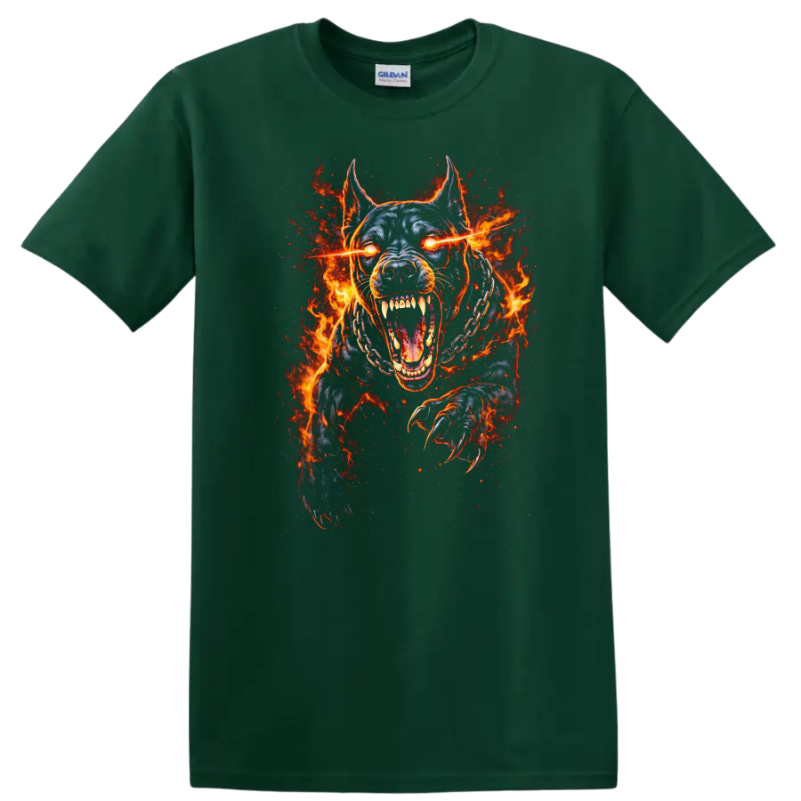 Fiery Pit Bull Dog T Shirt Aggressive Flaming Animal Graphic - Forest Green