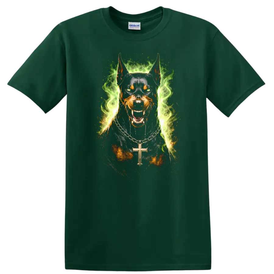 Wild Doberman Dog Portrait Flame Ring T Shirt for Animal Lovers - Forest Green