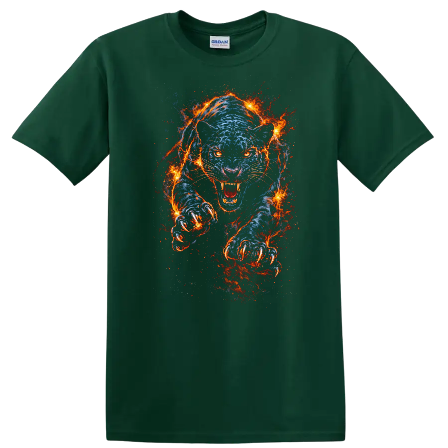 Blue Flaming Panther Attack T Shirt Fierce Fire Animal Graphic - Forest Green