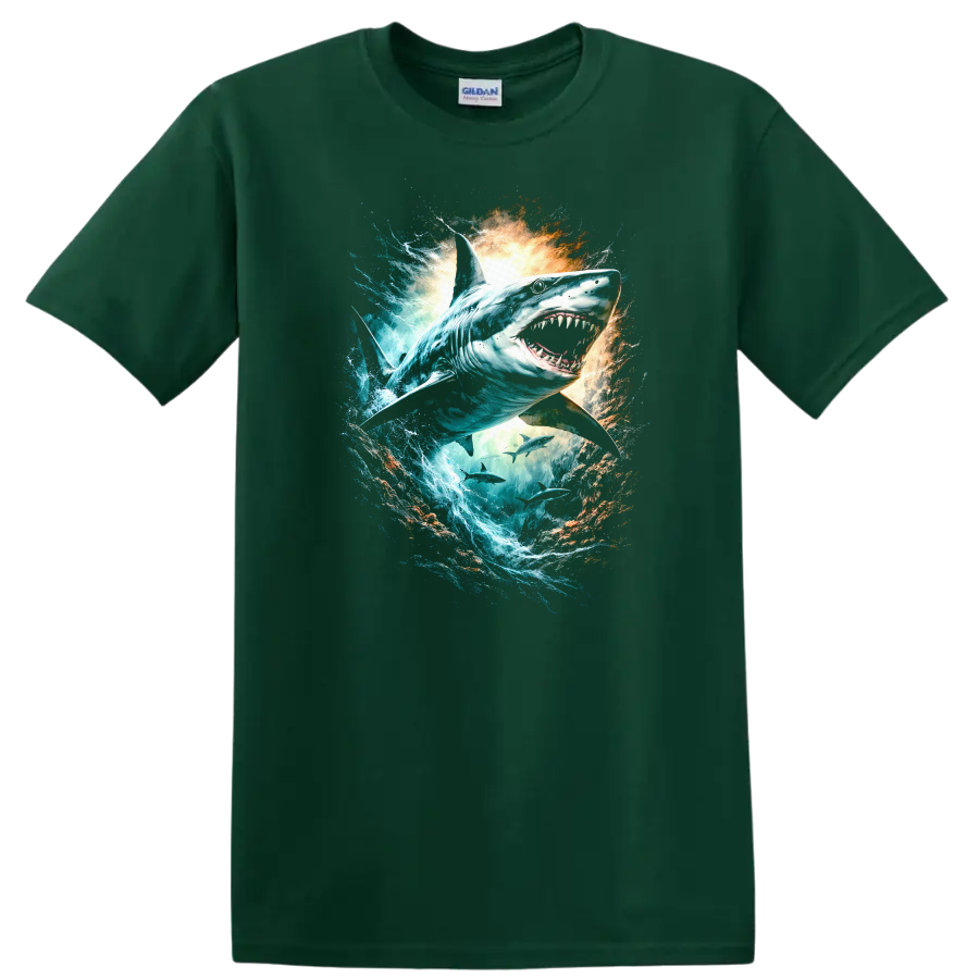 Great White Shark Splash Art Ocean Predator T Shirt - Forest Green