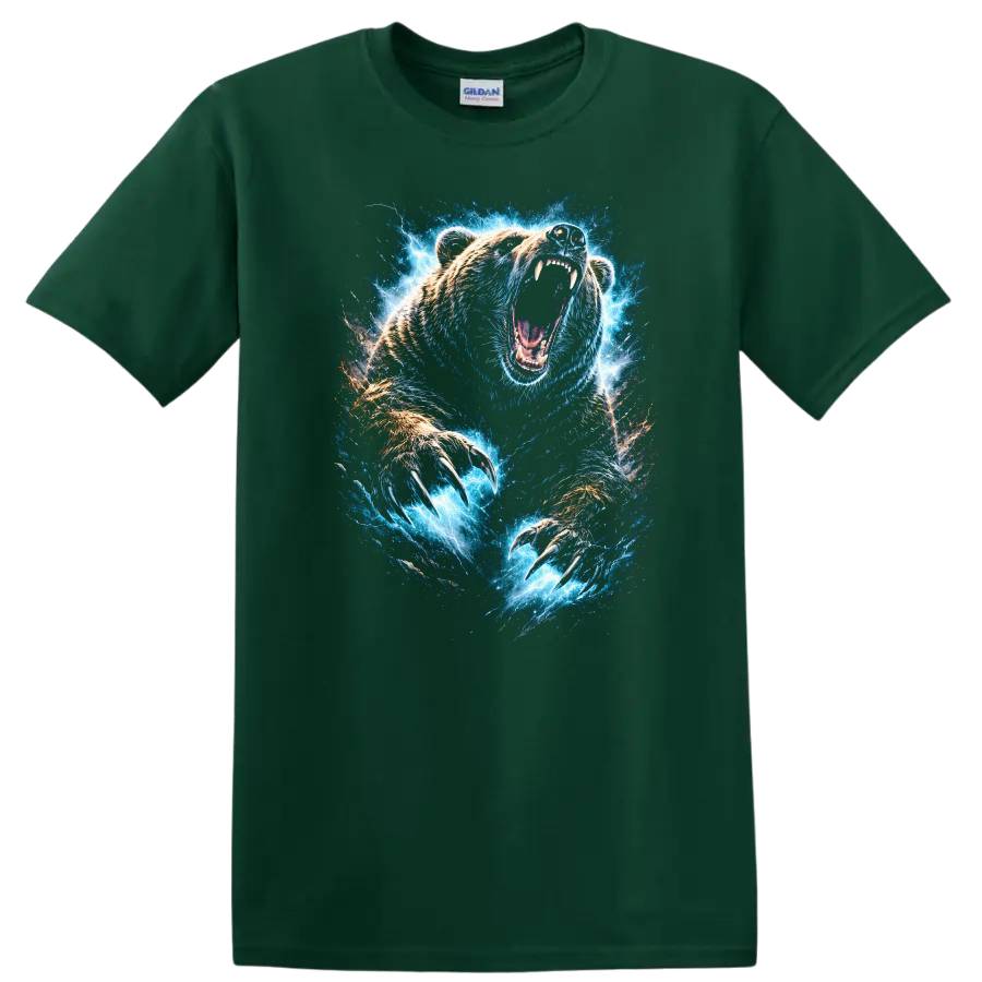 Electric Roaring Bear Claw Storm Animal Graphic T Shirt - Forest Green
