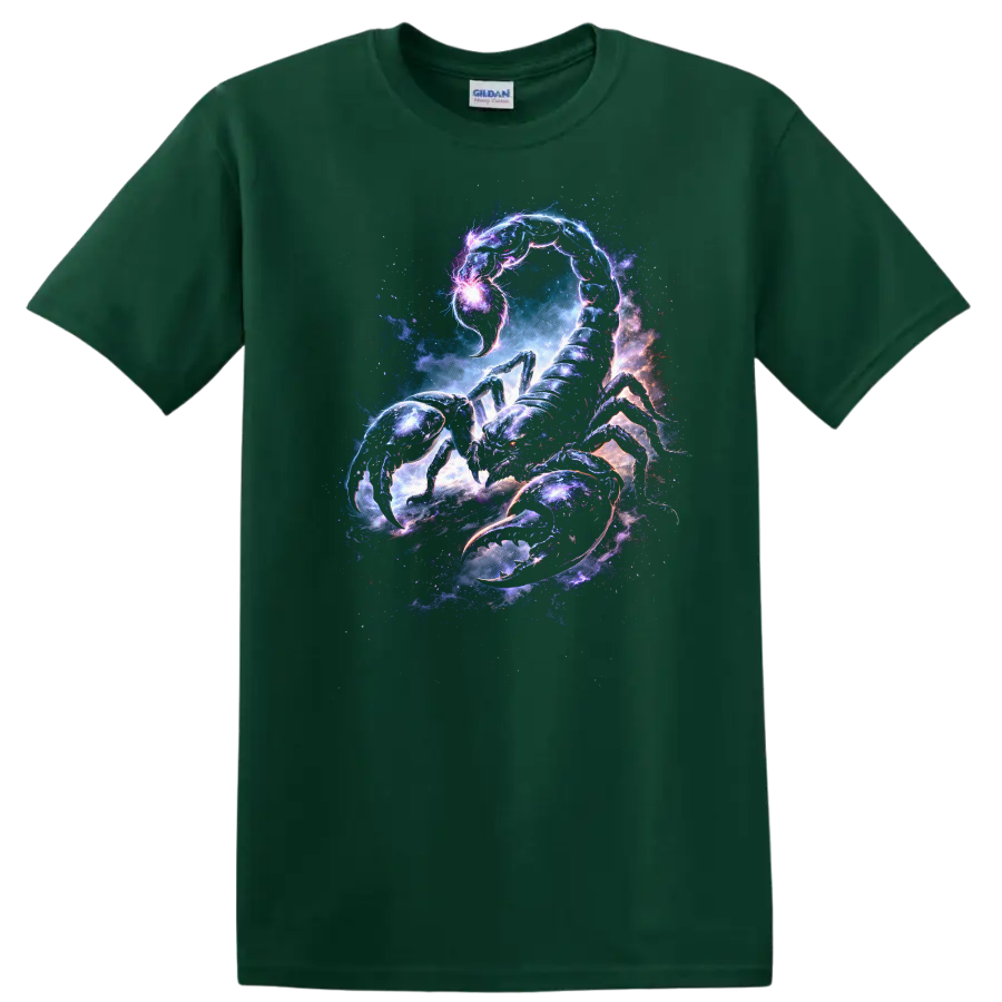 Cosmic Scorpion Galaxy Art T Shirt Neon Space Animal Graphic - Forest Green