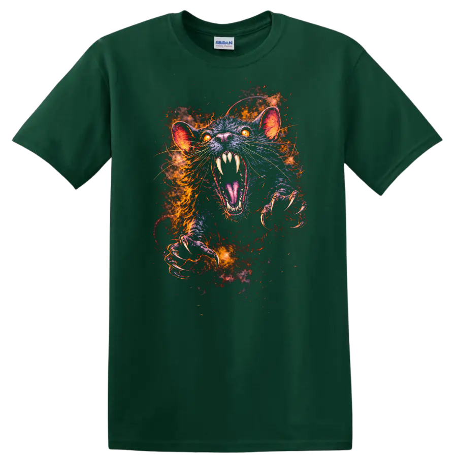 Fiery Glowing Rat Attack T Shirt Vivid Animal Rage Graphic Tee - Forest Green