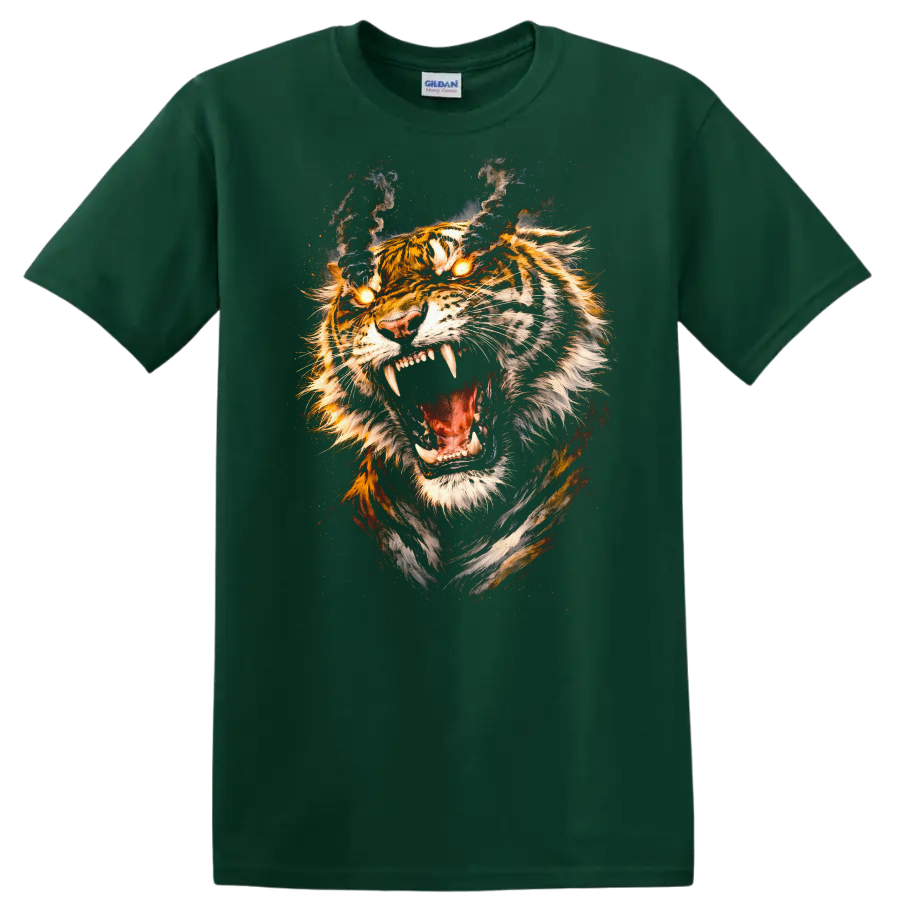 Roaring Tiger Fire Eyes Fierce Animal Art T Shirt - Forest Green