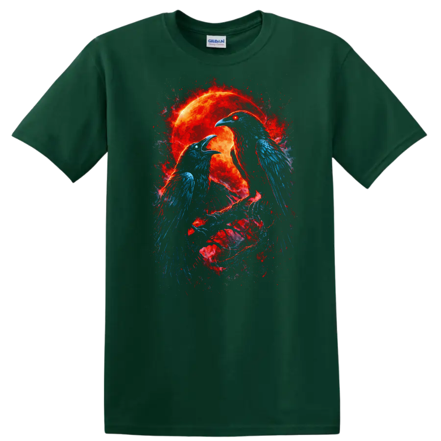 Fiery Raven Birds Eclipse Moon Graphic T Shirt Animal Energy Design - Forest Green