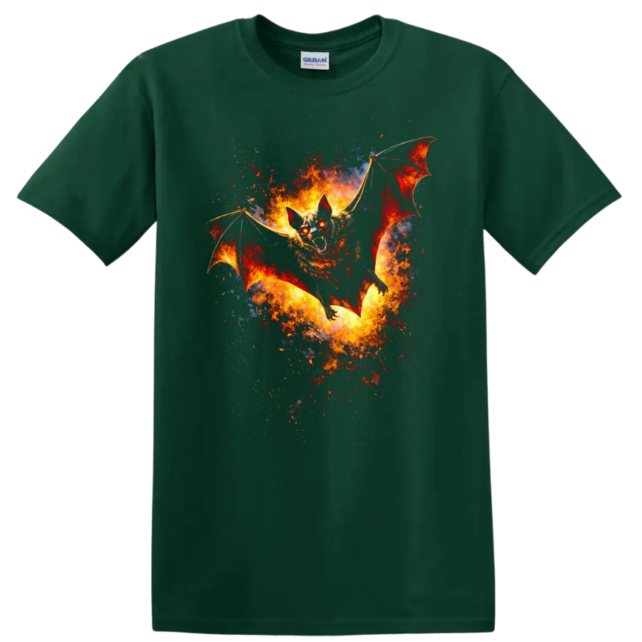 Fiery Bat in Flight Animal Art T Shirt for Fantasy Fans - Forest Green