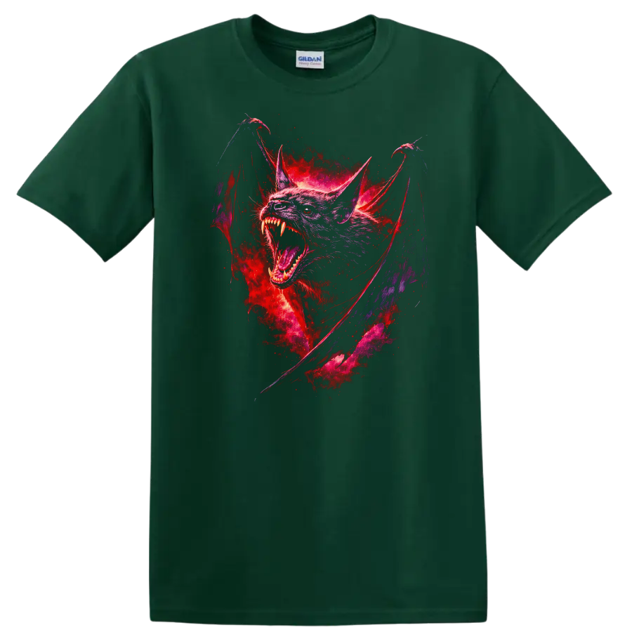 Fierce Neon Bat Animal Art Graphic T Shirt for Gothic Wildlife Fans - Forest Green