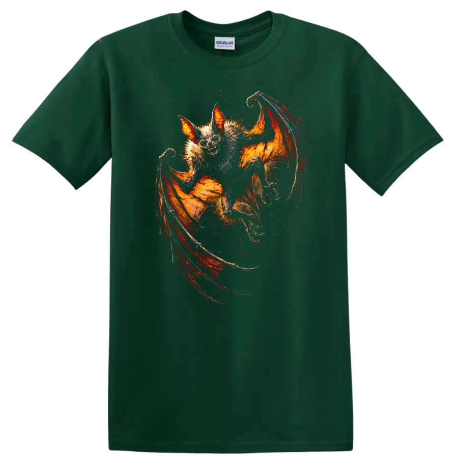 Fiery Winged Bat Animal Art T Shirt - Forest Green