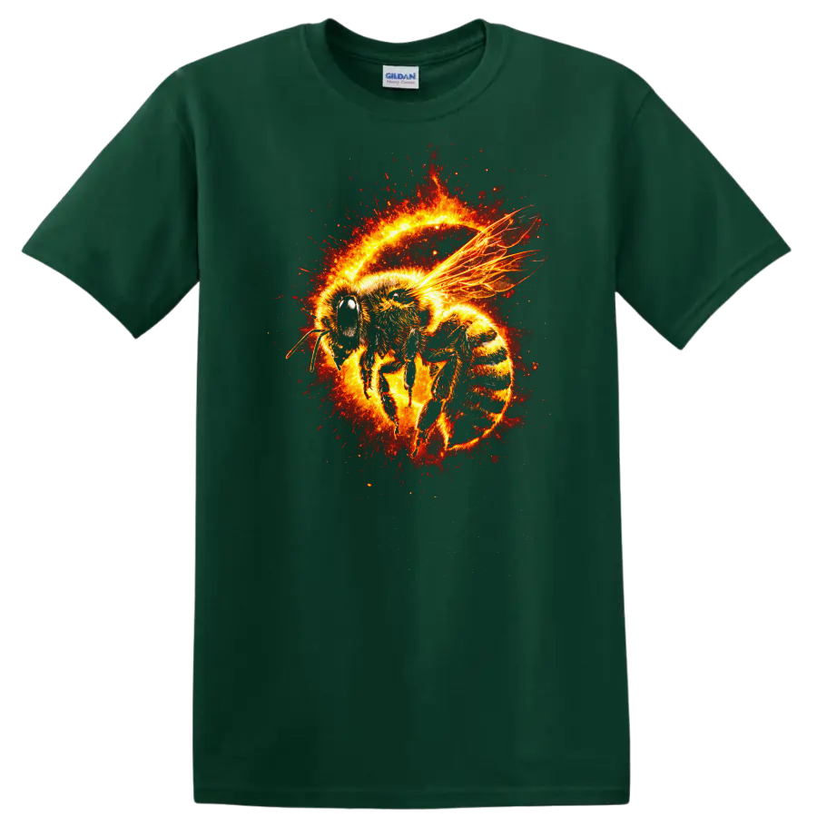 Fiery Bee Splash Art Animals T Shirt Vibrant Glow Graphic - Forest Green