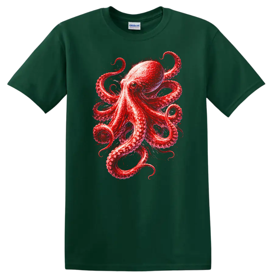Red Octopus Animal Art Graphic T Shirt for Nature and Ocean Lovers - Forest Green