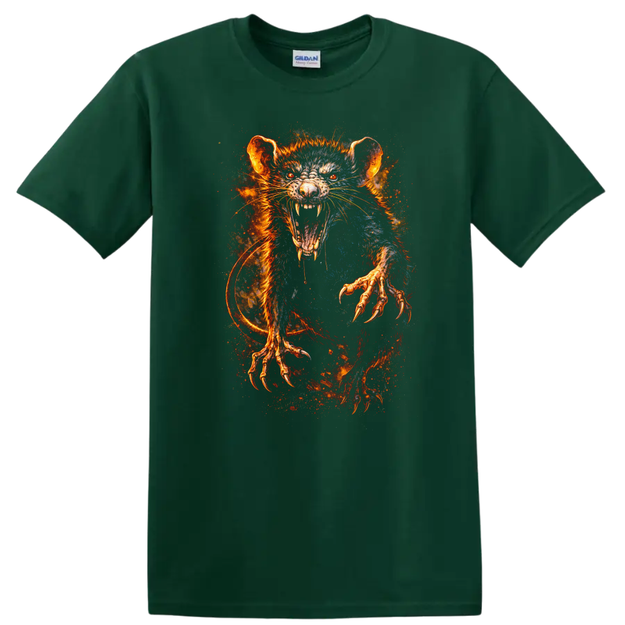 Fiery Rat Monster Art T Shirt Glowing Rage Creature Animal Graphic - Forest Green