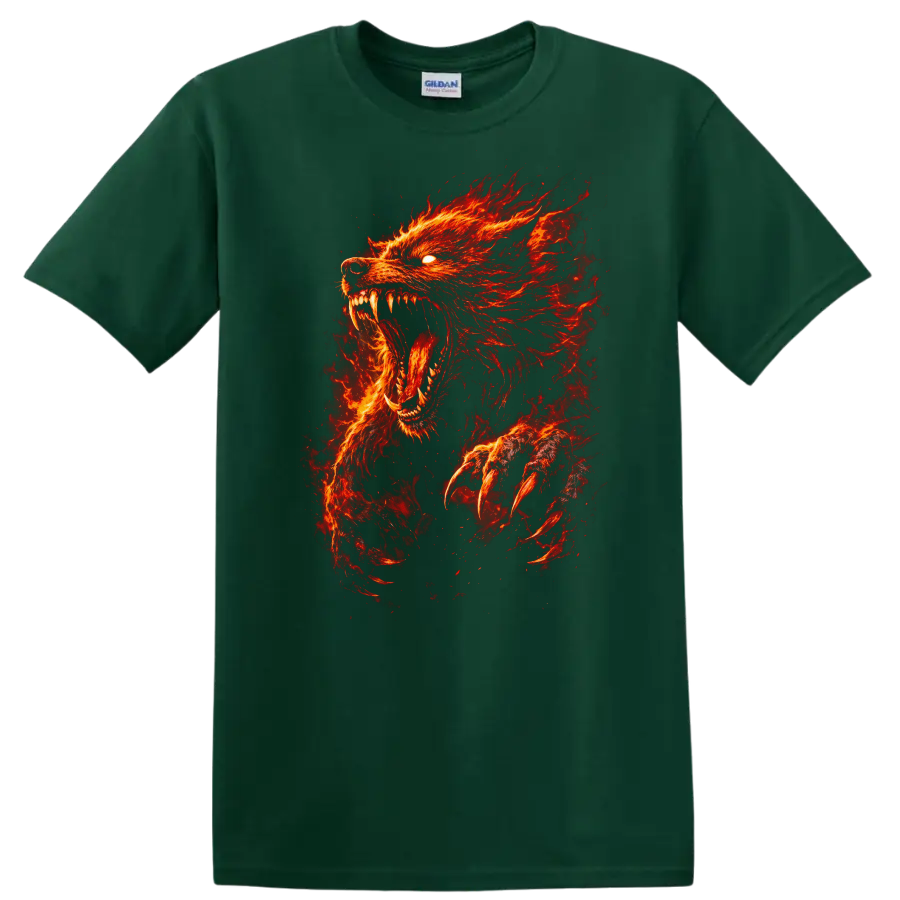 Fiery Red Wolf Head Howling Animal Graphic T Shirt - Forest Green