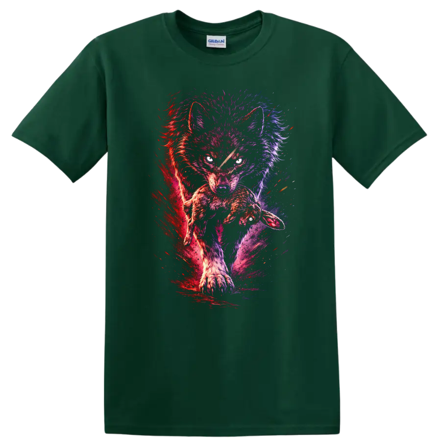 Neon Wolf and Rabbit Splash Art Animals T Shirt - Forest Green