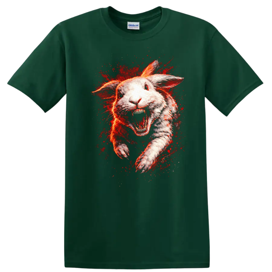 Raging White Rabbit Explosion Graphic T Shirt Fierce Animal Art - Forest Green