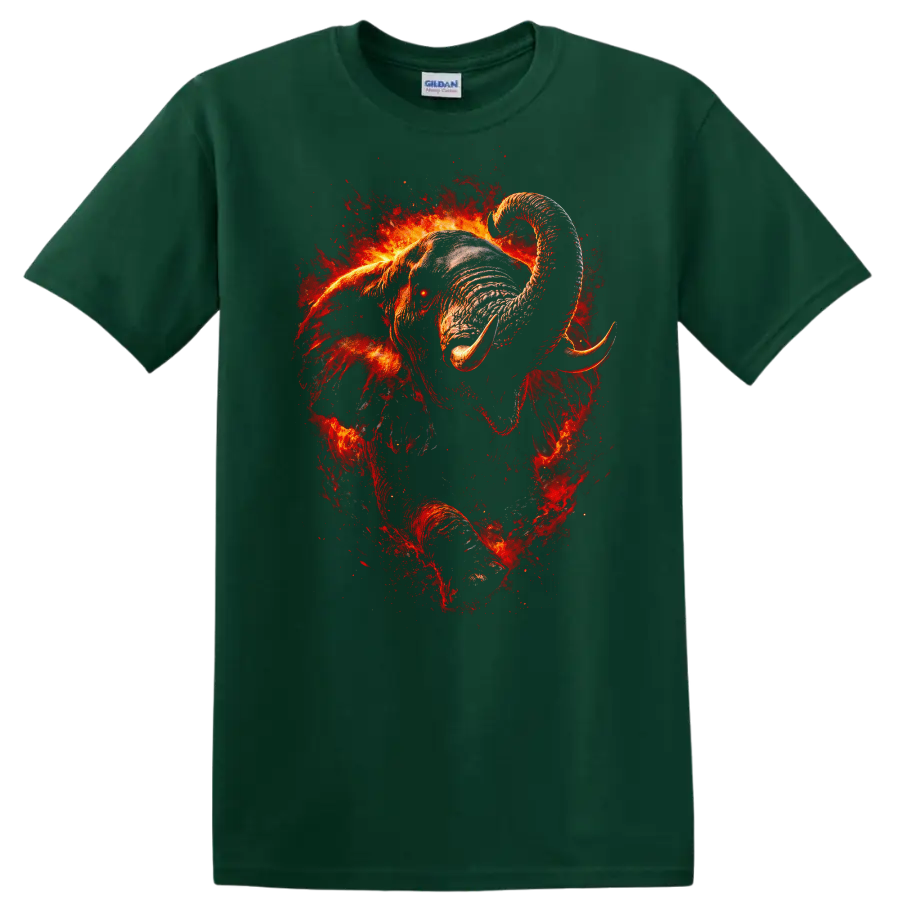Fiery Elephant Art T Shirt Bold Wildlife Animal Graphic Tee - Forest Green