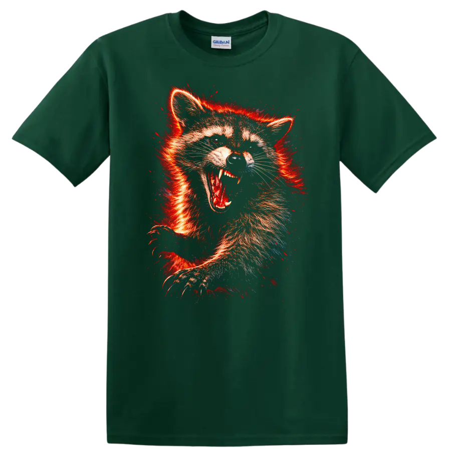 Fiery Fox Raccoon Animal Art T Shirt Wild Red Neon Graphic - Forest Green