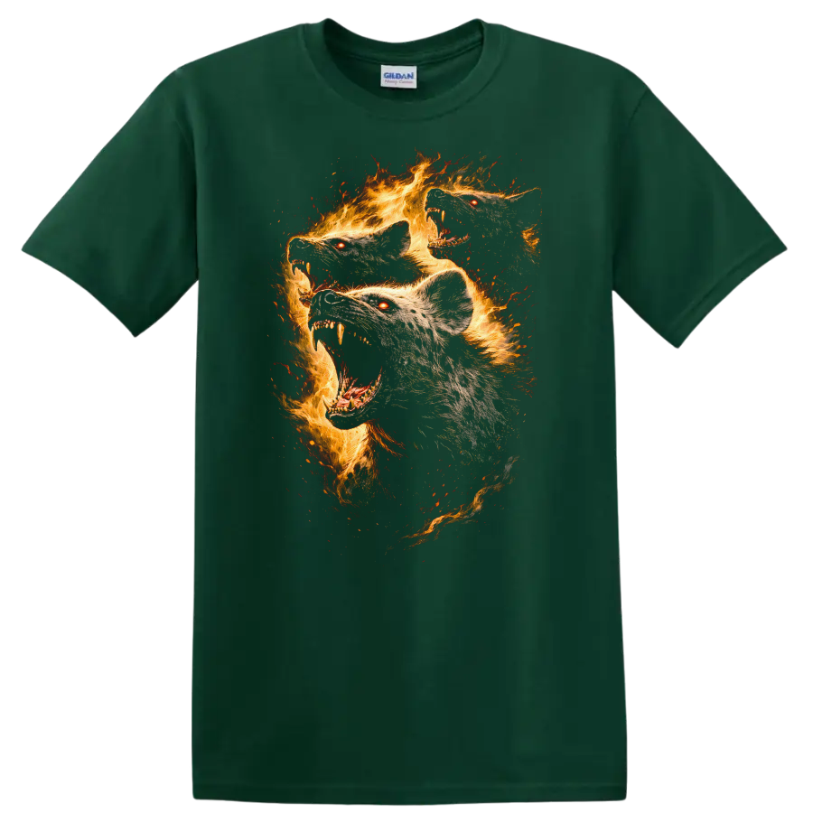 Fiery Wolf Heads Flaming Animal Art T Shirt - Forest Green