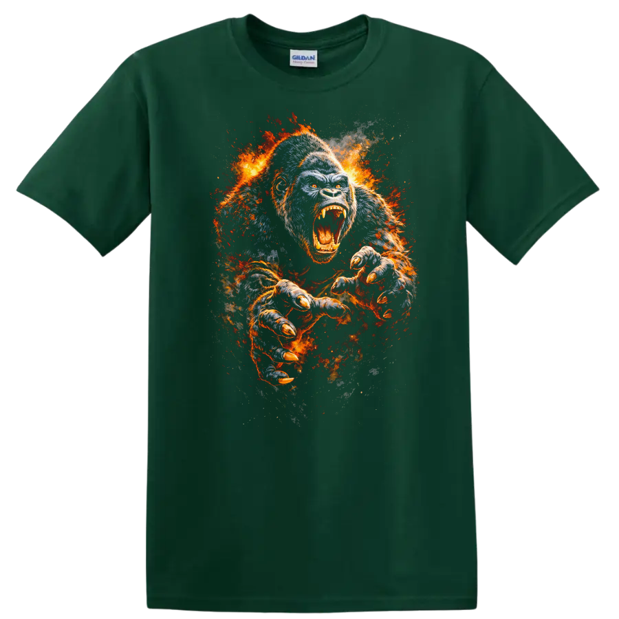 Fierce Roaring Gorilla Fire Burst Animals Graphic T Shirt - Forest Green
