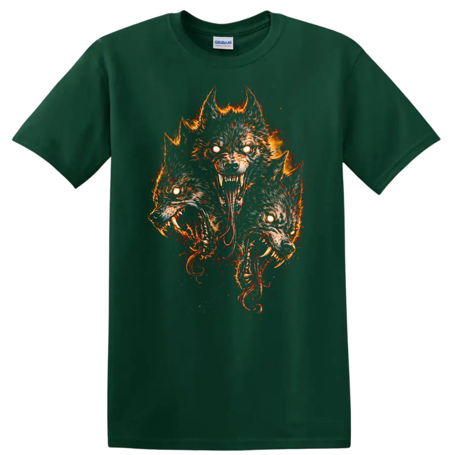 Fiery Three Wolf Moon Howling Wolves T Shirt Wild Animal Graphic Tee - Forest Green